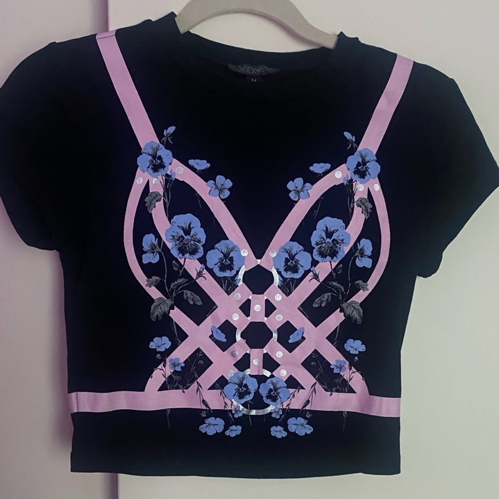 Bondage Harness Black and Pink Crop Top with Blue Flowers